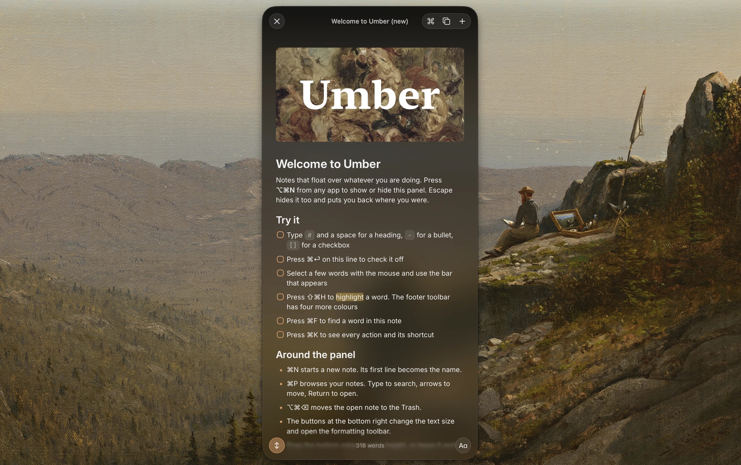 Umber's dark, translucent note window floating over a painted mountain landscape on a Mac desktop